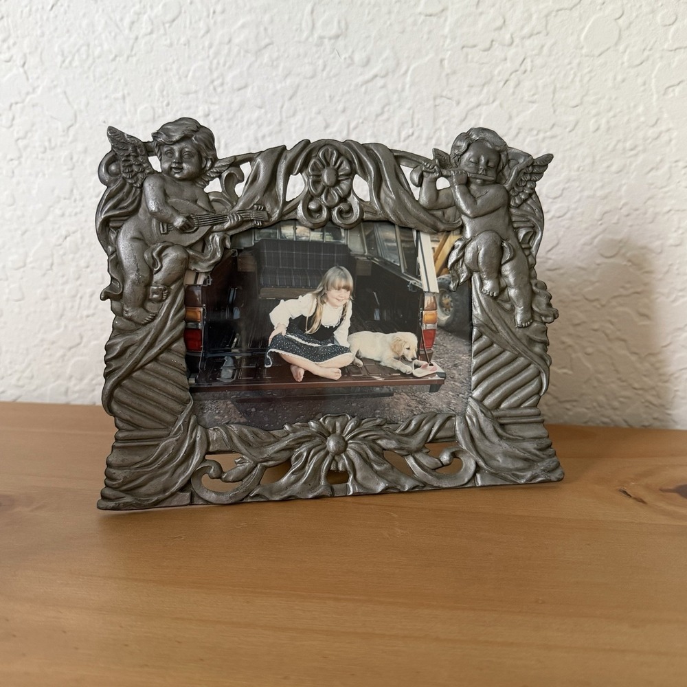 Vtg Cherub Picture Frame Pewter Angel Floral 90s Silver Metal Gift Valentine - Picture 3 of 12